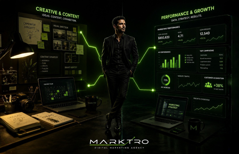 Business professional standing between content creation and performance marketing environments connected by glowing green pathways, representing the integration of creativity, advertising, analytics, and business growth