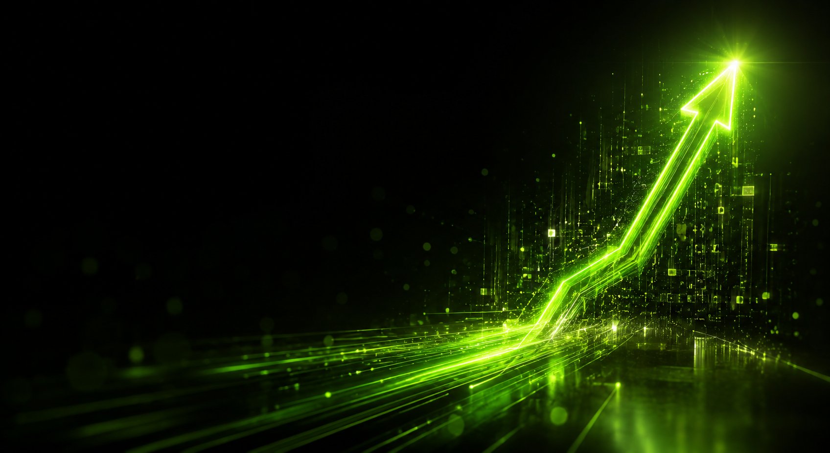 Glowing green growth arrow made of light and data streams rising through a dark futuristic environment, symbolizing digital marketing strategy, innovation, business growth, and performance-driven success.